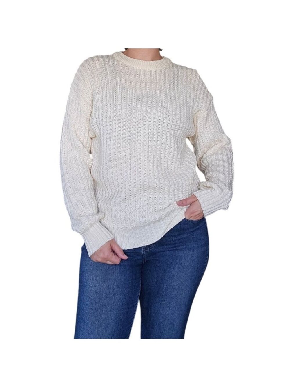Vintage 80s Barnaby Cream Off White Knit Crew Neck Sweater Men's Size M Preppy